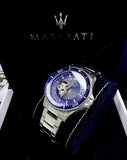 Buy Shop Maserati SFIDA Automatic Skeleton Blue Dial Silver Steel Strap Watch For Men - R8823140007 USA Online