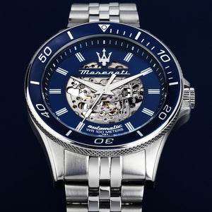 Buy Shop Maserati SFIDA Automatic Skeleton Blue Dial Silver Steel Strap Watch For Men - R882314001 USA Online