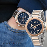 Buy Shop Maserati Stile Chronograph Blue Dial Rose Gold Two Tone Strap Watch For Men - R8873642002 USA Online
