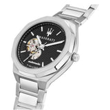 Buy Shop Maserati Stile Skeleton Automatic Black Dial Silver Steel Strap Watch For Men - R8823142002 USA Online