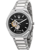 Buy Shop Maserati Stile Skeleton Automatic Black Dial Silver Steel Strap Watch For Men - R8823142002 USA Online