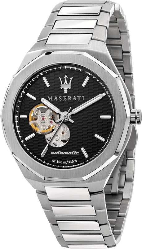 Buy Shop Maserati Stile Skeleton Automatic Black Dial Silver Steel Strap Watch For Men - R8823142002 USA Online