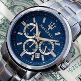 Buy Shop Maserati Successo Chronograph Quartz Blue Dial Silver Steel Strap Watch For Men - R8873621016 USA Online