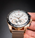 Buy Shop Maserati Traguardo 45mm Chronograph Rose Gold Mesh Strap White Dial Watch For Men - R8873612011 USA Online