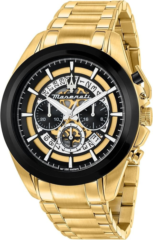 Buy Shop Maserati Traguardo Skeleton Black Dial Gold Steel Strap Watch For Men - R8873612058 USA Online