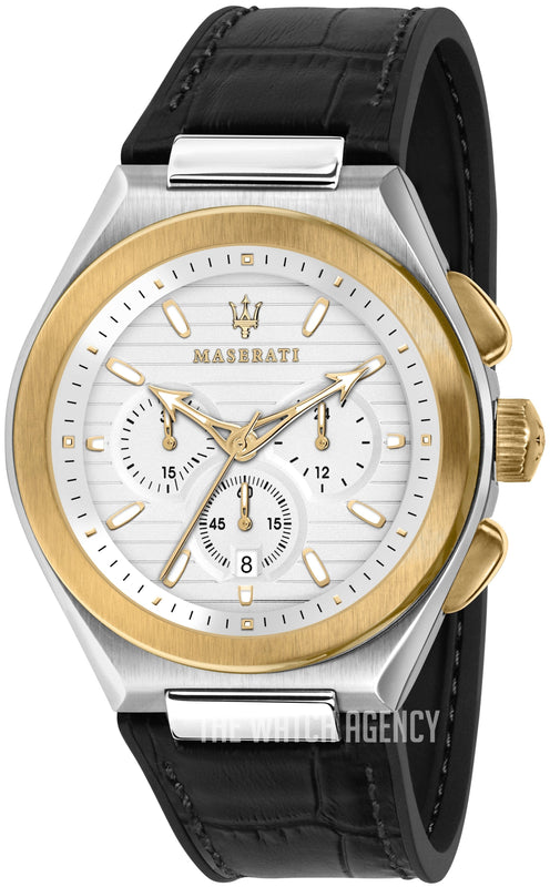 Buy Shop Maserati Triconic Chronograph White Dial Black Leather Strap Watch For Men - R8871639004 USA Online