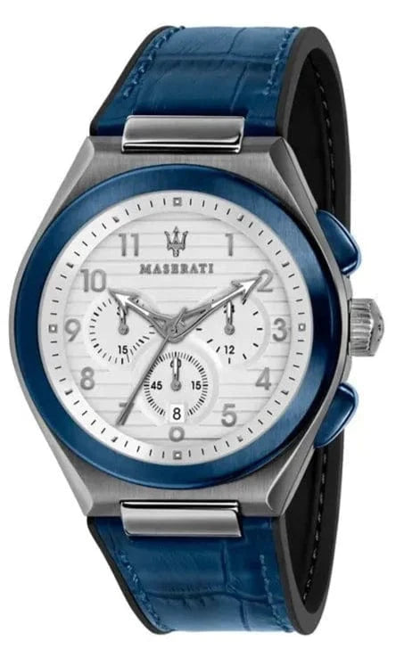 Buy Shop Maserati Triconic Chronograph White Dial Blue Leather Strap Watch For Men - R8871639001 USA Online