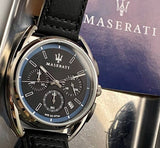 Buy Shop Maserati Trimarano Chronograph Black Dial Black Leather Strap Watch For Men - R8871632001 USA Online