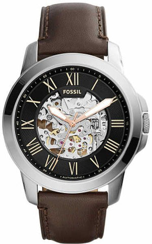 Buy Shop Fossil Grant Automatic Skeleton Black Dial Brown Leather Strap Watch for Men - ME3100 USA Online