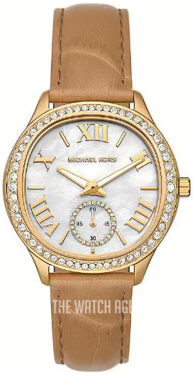 Buy Shop Michael Kors Sage Three-Hand Mother of Pearl White Dial Brown Leather Strap Watch for Women - MK4819 USA Online