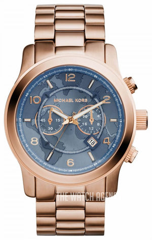 Buy Shop Michael Kors Runway Stop Hunger Quartz Blue Dial Rose Gold Steel Strap Watch For Men - MK8358 USA Online