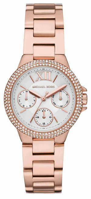 Buy Shop Michael Kors Camille Multifunction White Dial Rose Gold Steel Strap Watch For Women - MK6845 USA Online