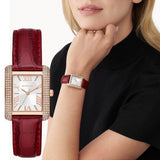 Buy Shop Michael Kors Emery Quartz Diamonds Silver Dial Red Leather Strap Watch For Women - MK4689 USA Online