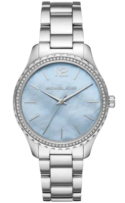 Buy Shop Michael Kors Layton Chronograph Mother of Pearl Blue Dial Silver Steel Strap Watch For Women - MK6847 USA Online