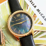 Buy Shop Michael Kors Layton Three Hand Mother of Pearl Black Dial Black Leather Strap Watch For Women - MK2911 USA Online
