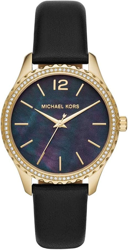 Buy Shop Michael Kors Layton Three Hand Mother of Pearl Black Dial Black Leather Strap Watch For Women - MK2911 USA Online