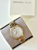 Buy Shop Michael Kors Layton Three Hand Mother of Pearl White Dial Gold Steel Strap Watch For Women - MK6870 USA Online