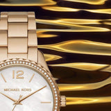 Buy Shop Michael Kors Layton Three Hand Mother of Pearl White Dial Gold Steel Strap Watch For Women - MK6870 USA Online