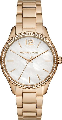 Buy Shop Michael Kors Layton Three Hand Mother of Pearl White Dial Gold Steel Strap Watch For Women - MK6870 USA Online