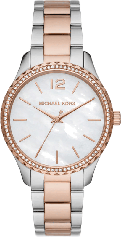 Buy Shop Michael Kors Layton Three Hand Mother of Pearl White Dial Two Tone Steel Strap Watch For Women - MK6849 USA Online