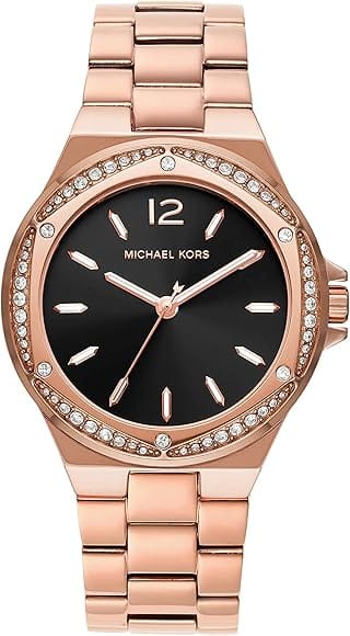 Buy Shop Michael Kors Lennox Three-Hand Black Dial Rose Gold Steel Strap Watch For Women - MK7233 USA Online
