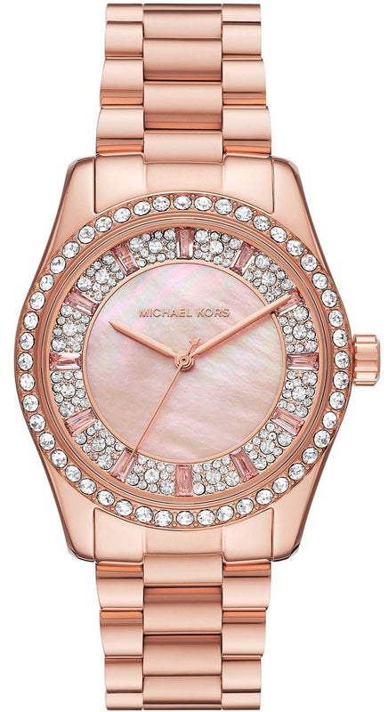 Buy Shop Michael Kors Lexington Three Hand Mother of Pearl Pink Dial Rose Gold Steel Strap Watch For Women - MK7444 USA Online