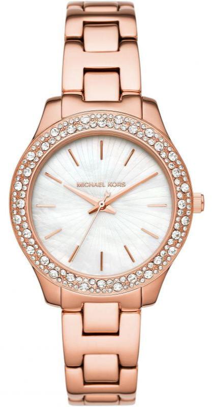 Buy Shop Michael Kors Lilane Three Hand Mother of Pearl White Dial Rose Gold Steel Strap Watch For Women - MK4557 USA Online