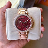 Buy Shop Michael Kors Parker Chronograph Red Dial Rose Gold Steel Strap Watch For Women - MK6106 USA Online