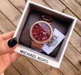 Buy Shop Michael Kors Parker Chronograph Red Dial Rose Gold Steel Strap Watch For Women - MK6106 USA Online
