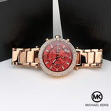 Buy Shop Michael Kors Parker Chronograph Red Dial Rose Gold Steel Strap Watch For Women - MK6106 USA Online