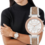 Buy Shop Michael Kors Parker Chronograph White Dial Two Tone Leather Strap Watch For Women - MK6950 USA Online