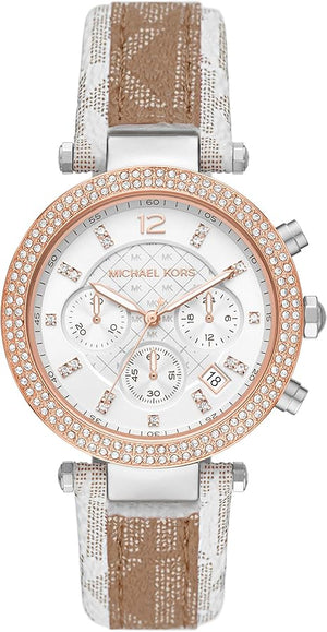 Buy Shop Michael Kors Parker Chronograph White Dial Two Tone Leather Strap Watch For Women - MK6950 USA Online