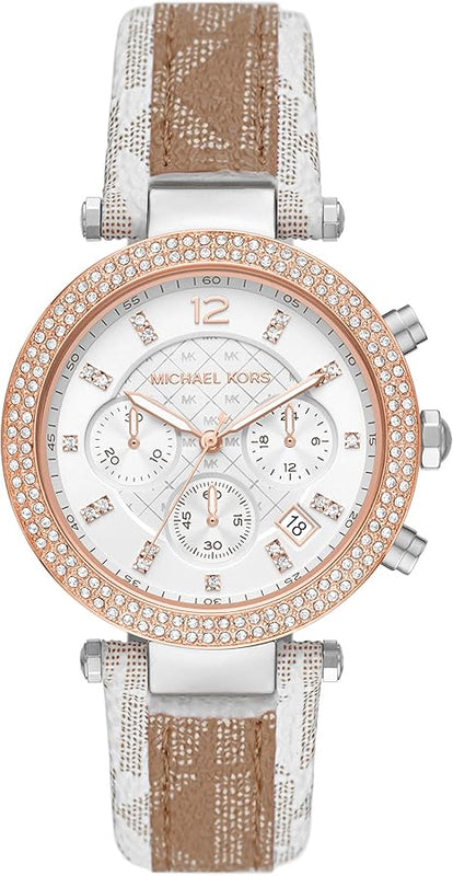 Buy Shop Michael Kors Parker Chronograph White Dial Two Tone Leather Strap Watch For Women - MK6950 USA Online