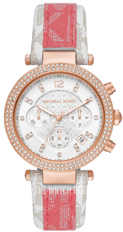 Buy Shop Michael Kors Parker Chronograph White Dial Two Tone Leather Strap Watch For Women - MK6951 USA Online