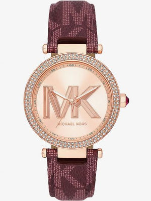 Buy Shop Michael Kors Parker Rose Gold Dial Maroon Leather Strap Watch For Women - MK2974 USA Online