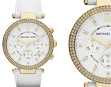 Buy Shop Michael Kors Parker White Dial with Diamonds White Leather Strap Watch for Women - MK2290 USA Online