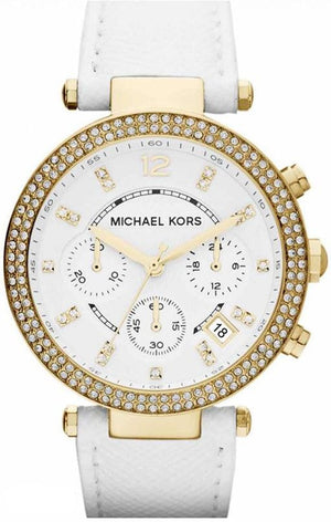 Buy Shop Michael Kors Parker White Dial with Diamonds White Leather Strap Watch for Women - MK2290 USA Online