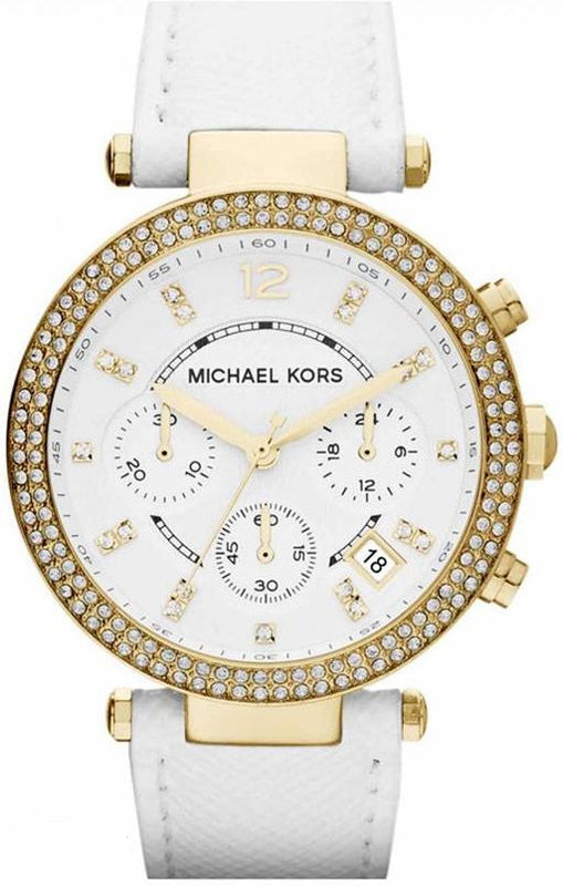 Buy Shop Michael Kors Parker White Dial with Diamonds White Leather Strap Watch for Women - MK2290 USA Online