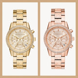 Michael Kors Ritz Chronograph Gold Dial Gold Steel Strap Watch For Women - MK6597