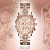 Buy Shop Michael Kors Ritz Chronograph Rose Gold Dial Rose Gold Steel Strap Watch For Women - MK6485 USA Online