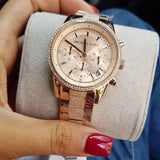 Buy Shop Michael Kors Ritz Chronograph Rose Gold Dial Rose Gold Steel Strap Watch For Women - MK6598 USA Online
