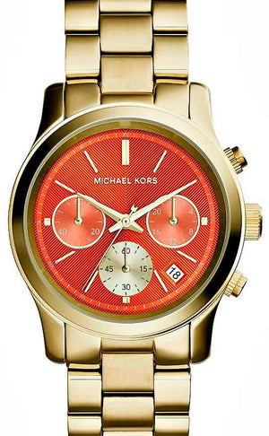 Buy Shop Michael Kors Runway Chronograph Orange Dial Gold Steep Strap Watch For Women - MK6162 USA Online