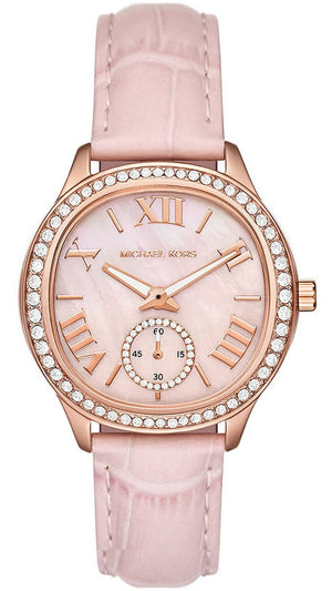 Buy Shop Michael Kors Sage Three-Hand Mother of Pearl Pink Dial Pink Leather Strap Watch for Women - MK4820 USA Online