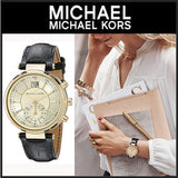 Buy Shop Michael Kors Sawyer Champagne Dial Black Leather Strap Watch for Women - MK2433 USA Online