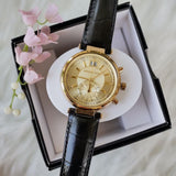 Buy Shop Michael Kors Sawyer Champagne Dial Black Leather Strap Watch for Women - MK2433 USA Online