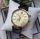 Buy Shop Michael Kors Sawyer Champagne Dial Black Leather Strap Watch for Women - MK2433 USA Online
