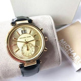 Buy Shop Michael Kors Sawyer Champagne Dial Black Leather Strap Watch for Women - MK2433 USA Online