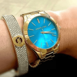 Buy Shop Michael Kors Slim Runway Blue Mother of Pearl Dial Gold Steel Strap Watch for Women - MK3492 USA Online