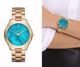 Buy Shop Michael Kors Slim Runway Blue Mother of Pearl Dial Gold Steel Strap Watch for Women - MK3492 USA Online