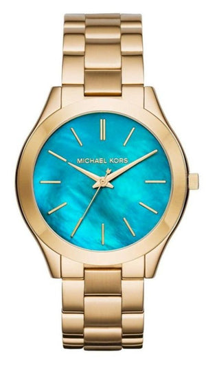 Buy Shop Michael Kors Slim Runway Blue Mother of Pearl Dial Gold Steel Strap Watch for Women - MK3492 USA Online